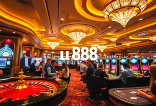 Players enjoying a thrilling casino experience at u 888 with poker tables and slot machines.