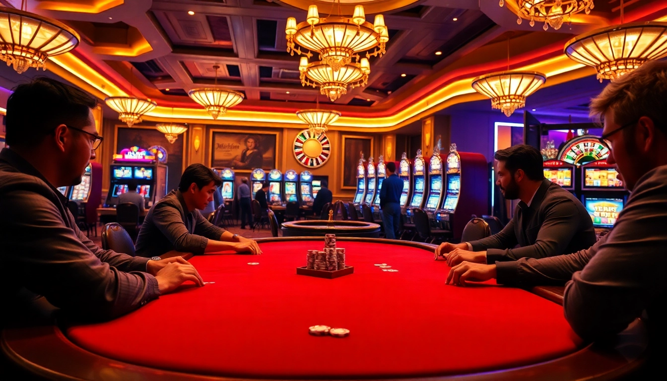 Experience thrilling moments at Mu88 Casino with players and vibrant poker chips on display.