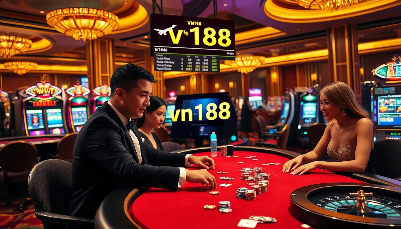 Players enjoy thrilling poker at a luxury casino while monitoring vn168 flight updates on screens.
