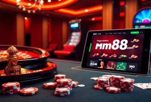 Gambling excitement at mm88 com with poker chips and a roulette wheel in a luxurious casino setting.