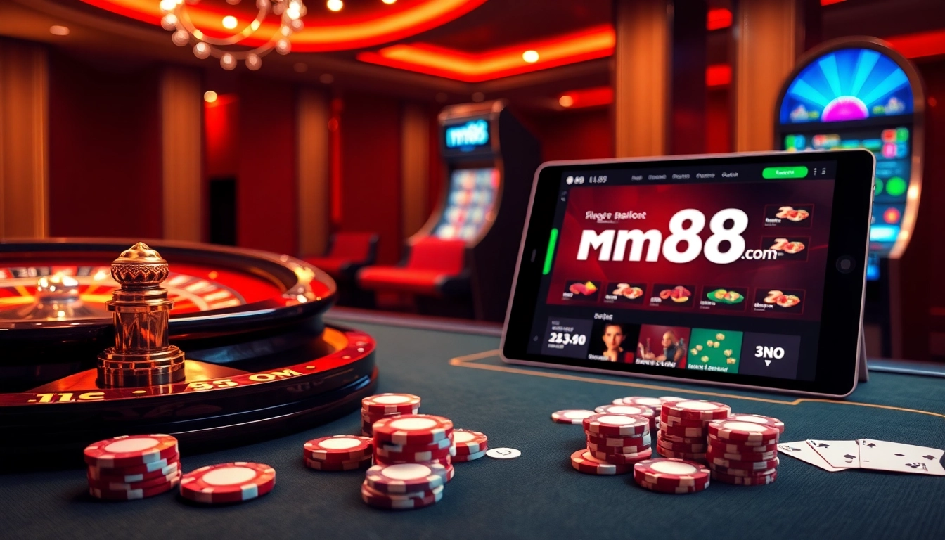 Gambling excitement at mm88 com with poker chips and a roulette wheel in a luxurious casino setting.