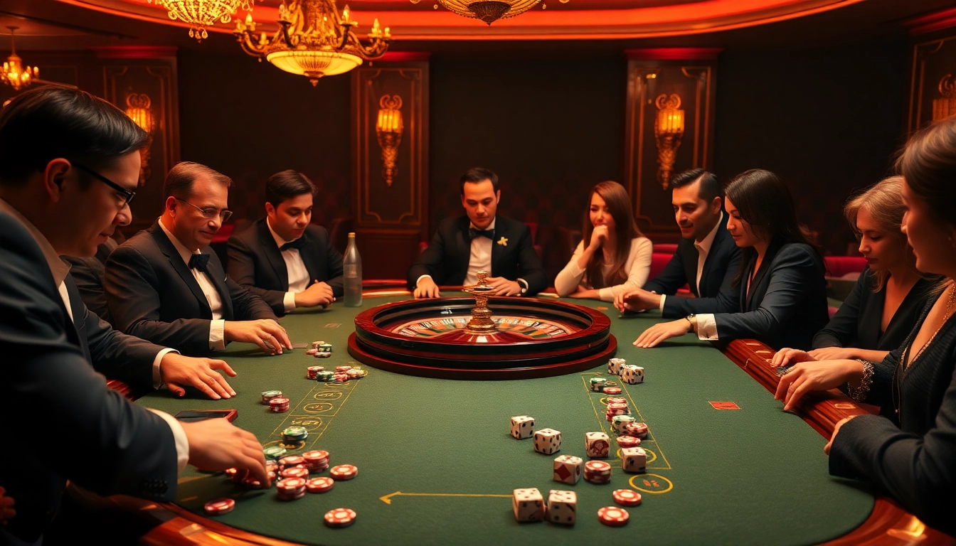 Players engaging in intense poker action at a J88 casino table with vibrant chips and roulette wheel.