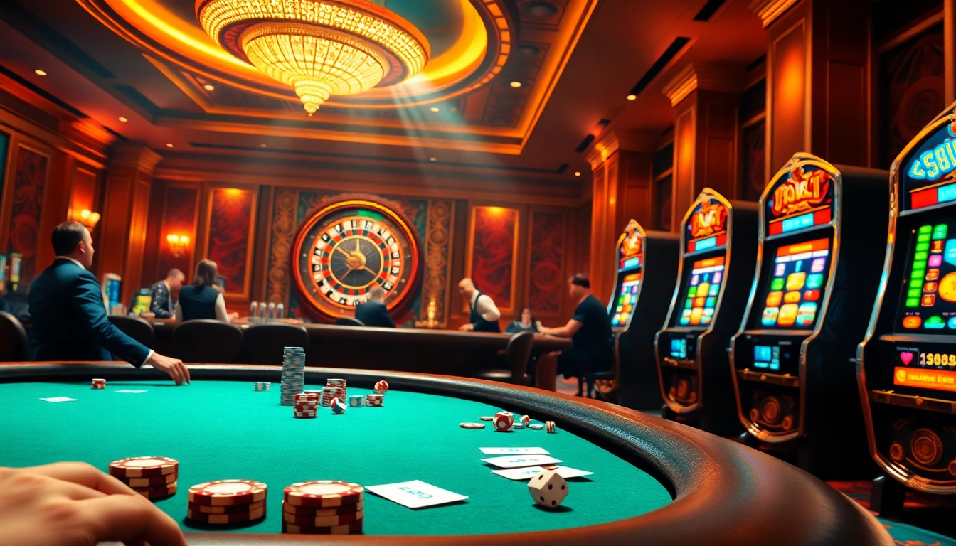 Experience the thrill of gojekpot gaming at a luxurious casino with poker, roulette, and slot machines.
