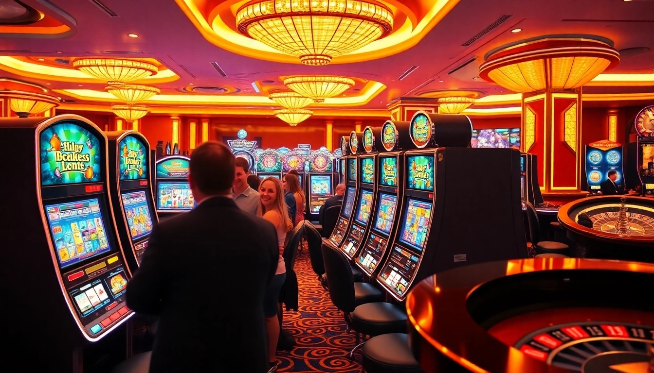 Players enjoying slot apiraja88 slots in a vibrant casino atmosphere.