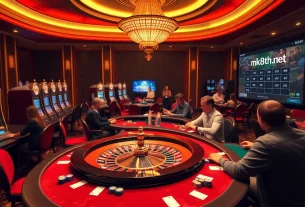 Engaging casino scene representing mk8th.net with players at tables and vibrant gaming elements.