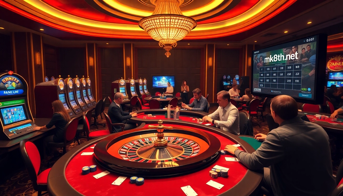 Engaging casino scene representing mk8th.net with players at tables and vibrant gaming elements.