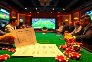 Engaging scene illustrating เทคนิคแทงบอล with excited bettors at a football betting table.