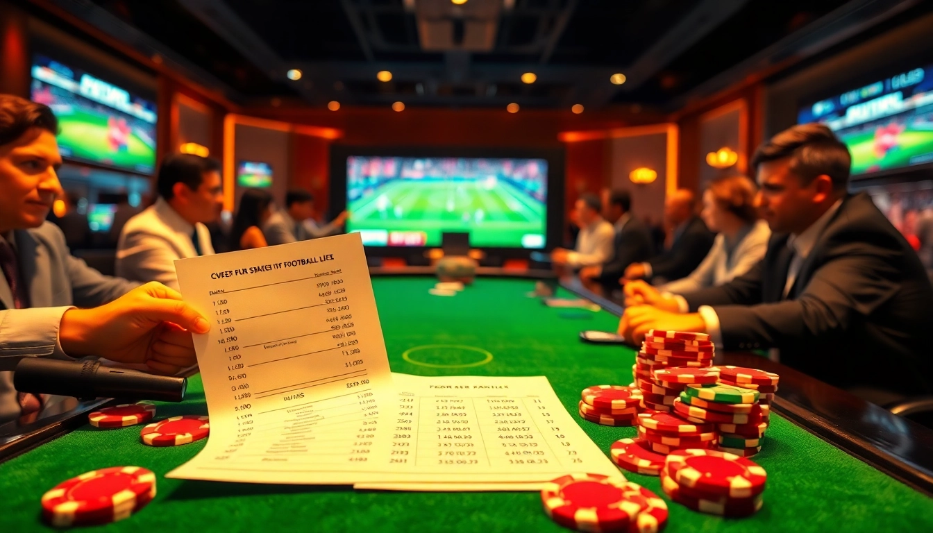 Engaging scene illustrating เทคนิคแทงบอล with excited bettors at a football betting table.